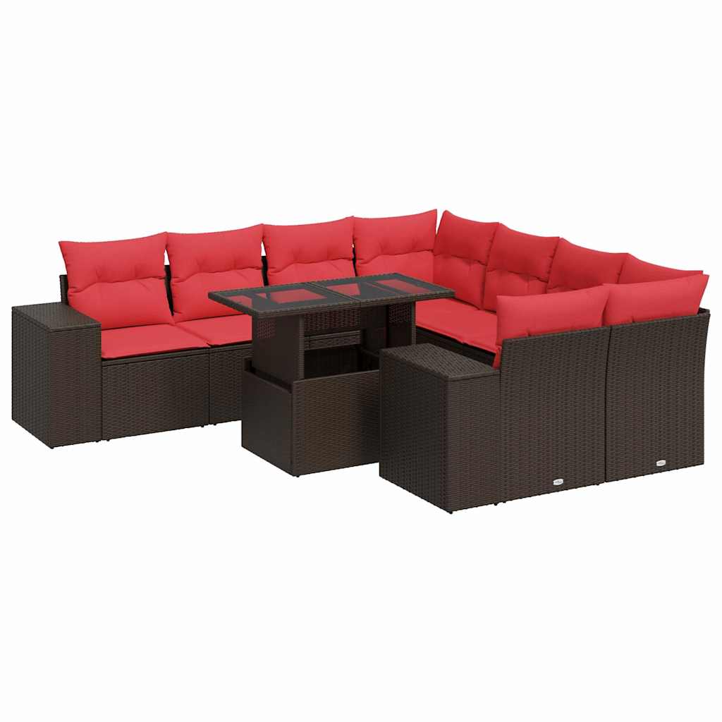 Set Divani Giardino 9 pz con Cuscini Marrone Polyrattan Acacia | homemem39
