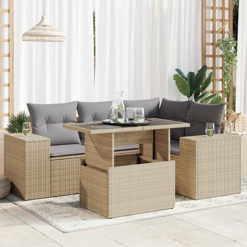 Set Divano da Giardino 5 pz con Cuscini Beige in Polyrattan | homemem39
