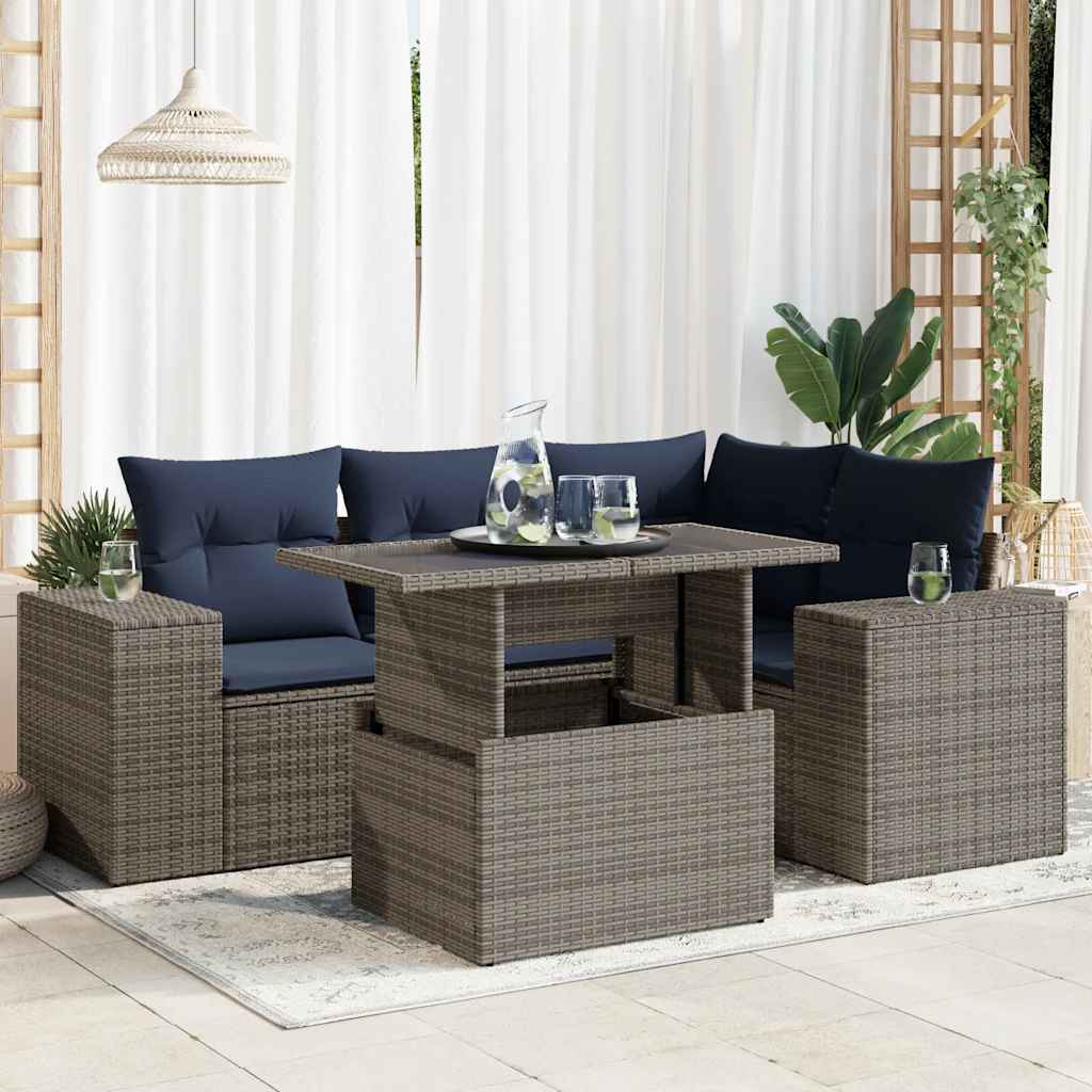 Set Divano da Giardino 5pz con Cuscini Grigio Polyrattan | homemem39