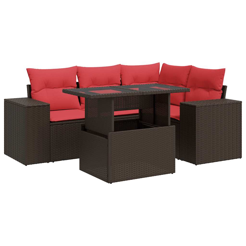 Set Divano da Giardino 5 pz Cuscini Marrone Polyrattan e Acacia