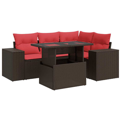 Set Divano da Giardino 5 pz Cuscini Marrone Polyrattan e Acacia
