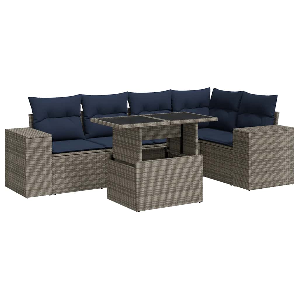 Set Divano da Giardino 6 pz con Cuscini Nero Polyrattan Acacia