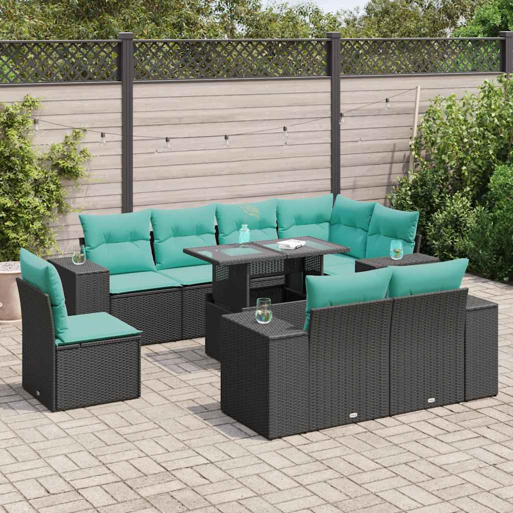 Set Divani Giardino 9 pz con Cuscini Nero in Polyrattan Acacia | homemem39