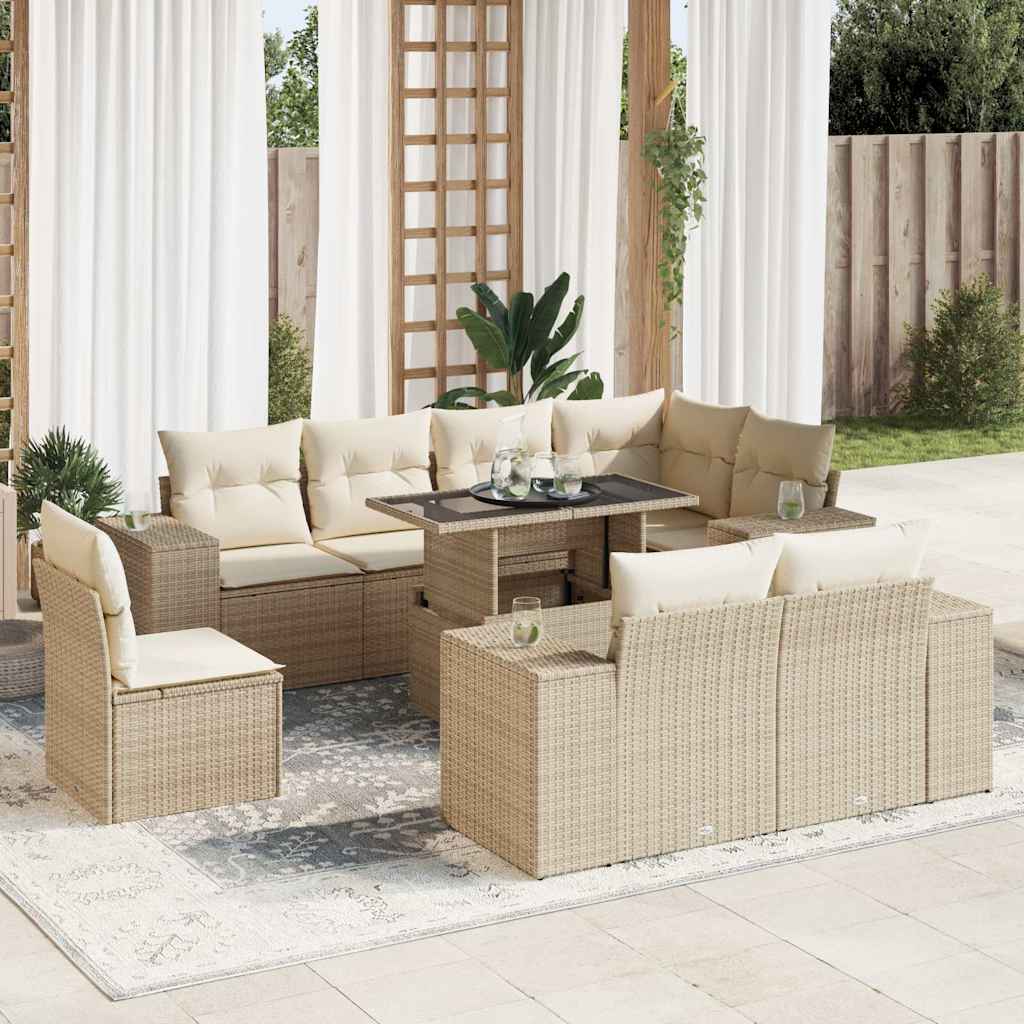 Set Divano da Giardino 9 pz con Cuscini Beige in Polyrattan | homemem39
