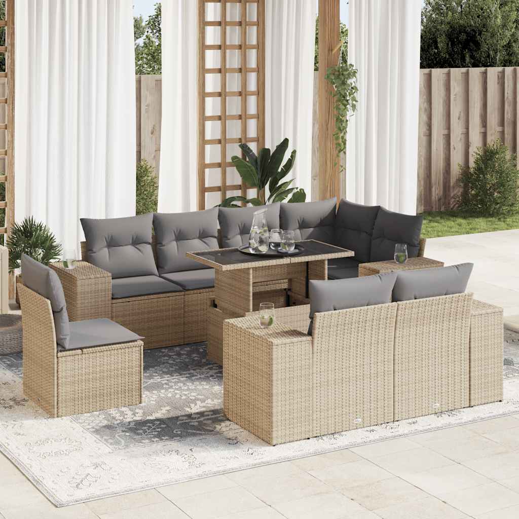 Set Divano da Giardino 9 pz con Cuscini Beige in Polyrattan | homemem39
