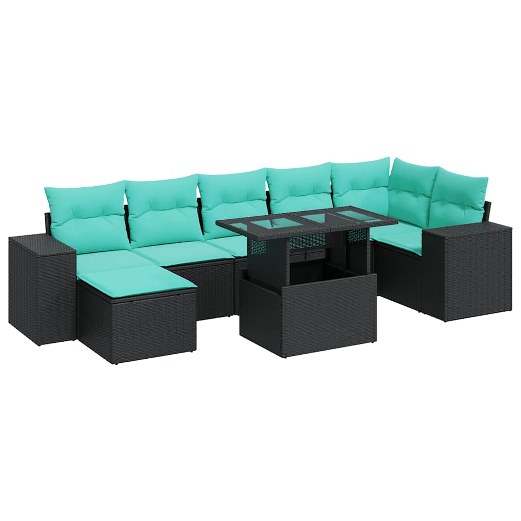 Set Divani da Giardino con Cuscini 8 pz Nero Polyrattan Acacia