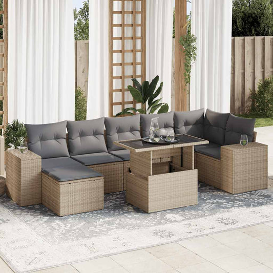 Set Divano da Giardino 8 pz con Cuscini Beige in Polyrattan