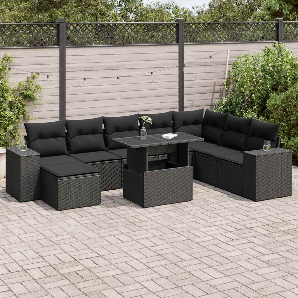 Set Divani da Giardino 9 pz con Cuscini Nero in Polyrattan | homemem39
