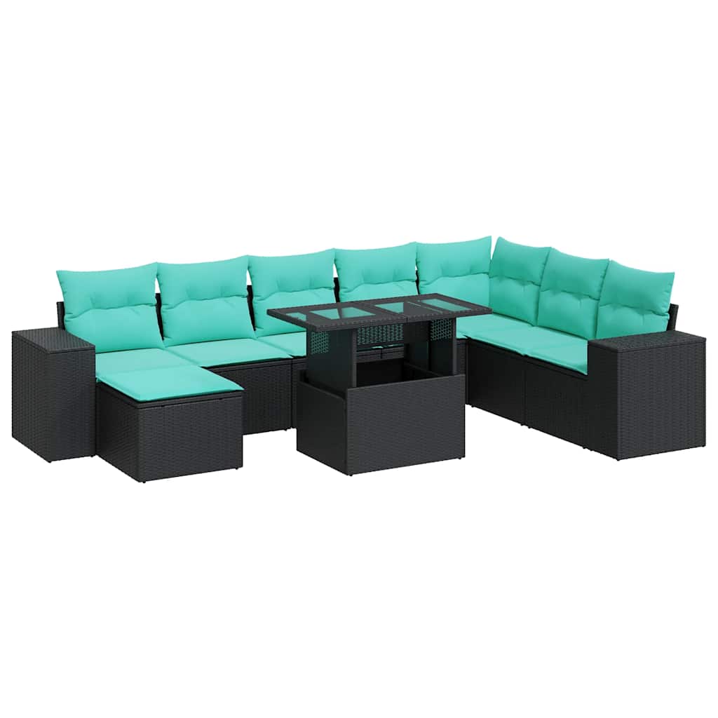 Set Divani da Giardino 9 pz con Cuscini Nero Polyrattan Acacia