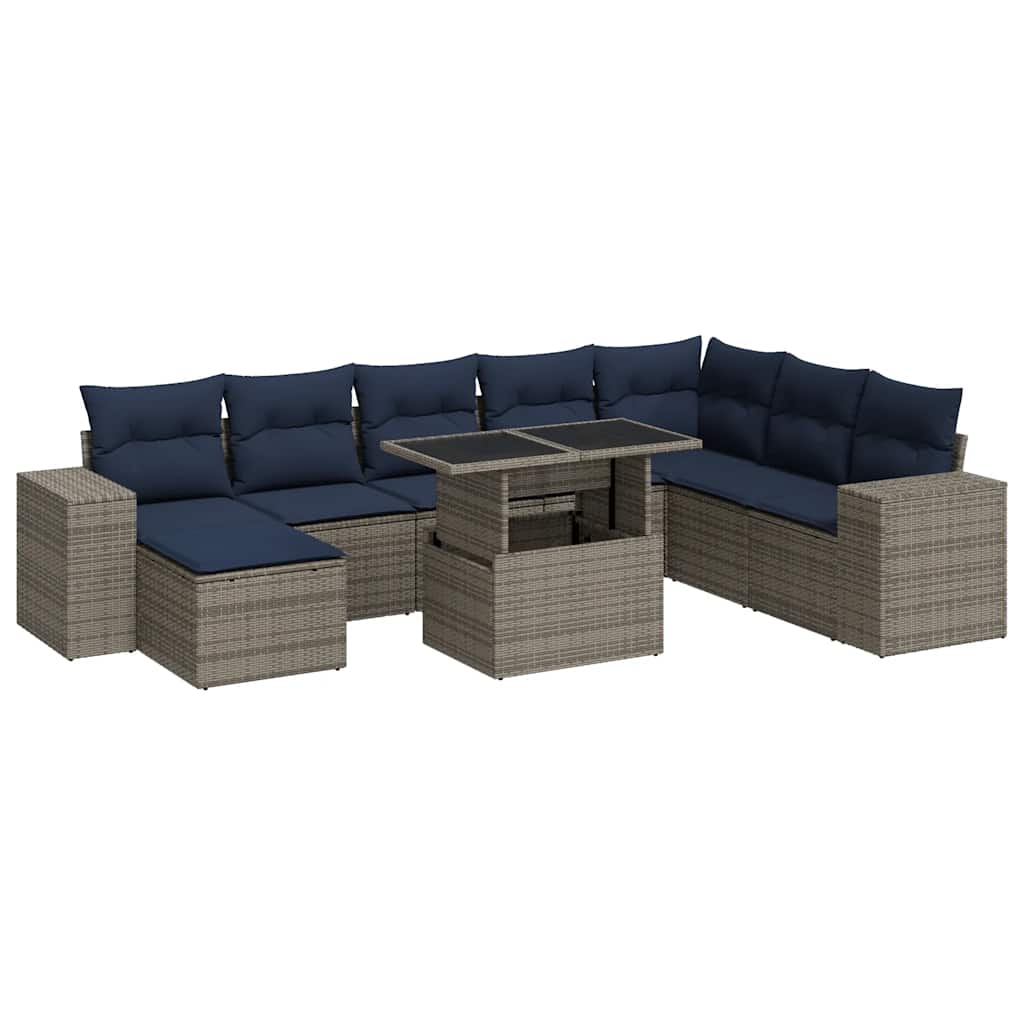 Set Divano da Giardino 9pz con Cuscini Grigio Polyrattan Acacia