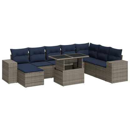 Set Divano da Giardino 9pz con Cuscini Grigio Polyrattan Acacia
