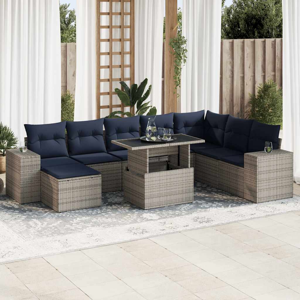 Set Divano da Giardino 9pz con Cuscini Grigio Polyrattan Acacia | homemem39