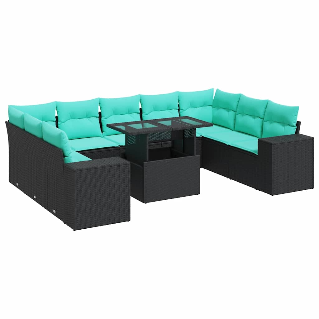 Set Divani Giardino 10pz con Cuscini Nero in Polyrattan Acacia