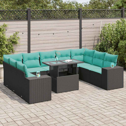 Set Divani Giardino 10pz con Cuscini Nero in Polyrattan Acacia