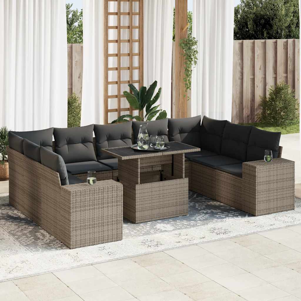 Set Divano da Giardino 10 pz con Cuscini Grigio in Polyrattan | homemem39