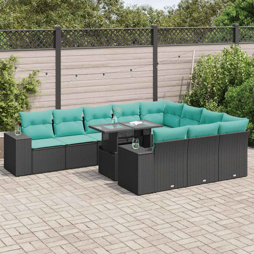 Set Divani da Giardino 11 pz con Cuscini Polyrattan Acacia Nero