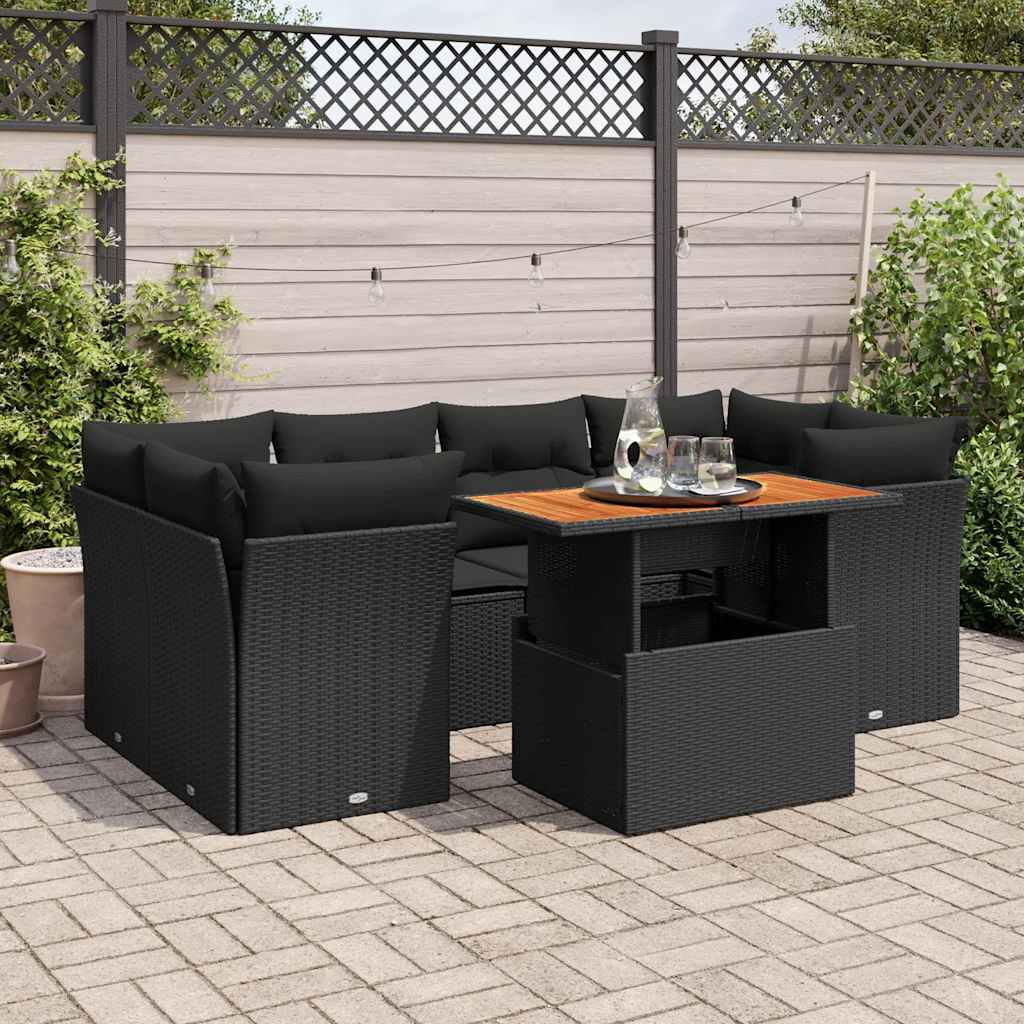 Set Divani da Giardino con Cuscini 7pz Nero Polyrattan