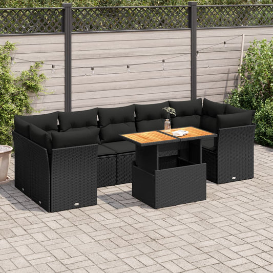 Set Divani da Giardino con Cuscini 8 pz Nero in Polyrattan