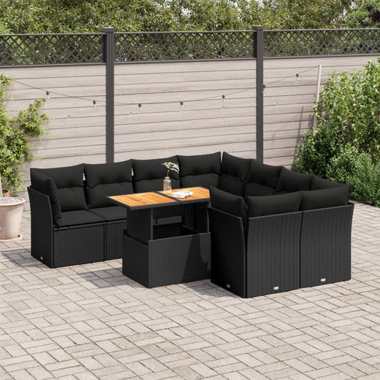 Set Divani da Giardino 9 pz con Cuscini Nero in Polyrattan