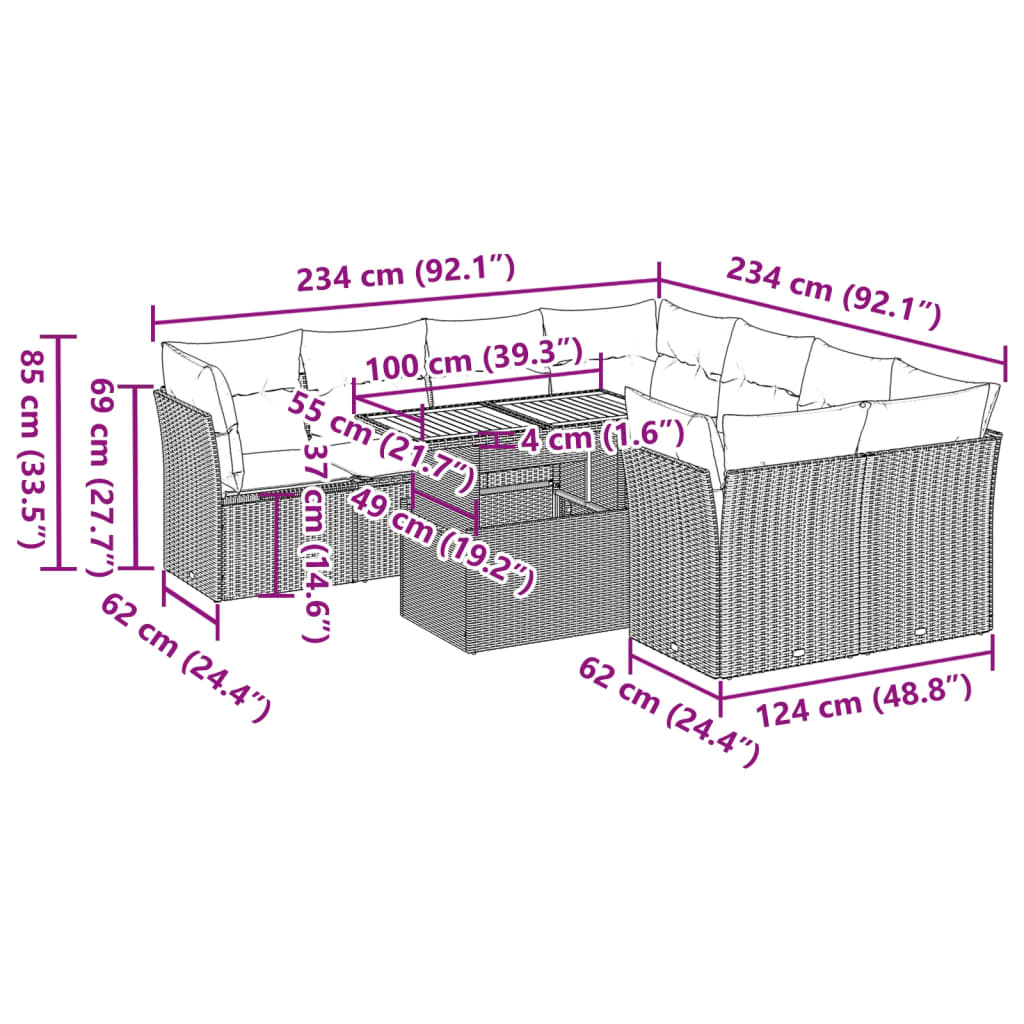 Set Divani da Giardino 9 pz con Cuscini Nero in Polyrattan