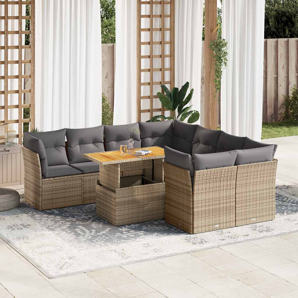 Set Divano da Giardino 9 pz con Cuscini Beige in Polyrattan | homemem39