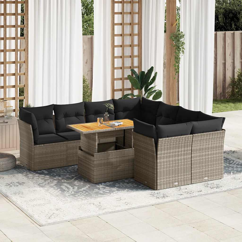 Set Divano da Giardino 9 pz con Cuscini Grigio in Polyrattan | homemem39