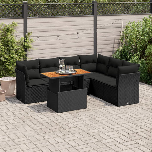 Set Divani da Giardino con Cuscini 7pz Nero Polyrattan