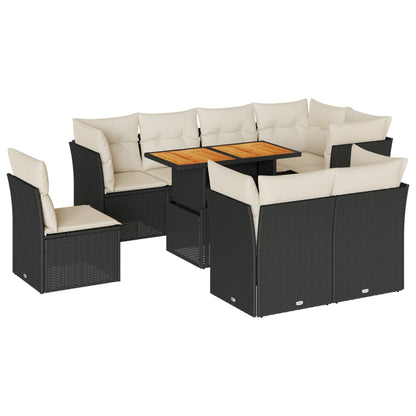 Set Divani da Giardino 9 pz con Cuscini Nero in Polyrattan