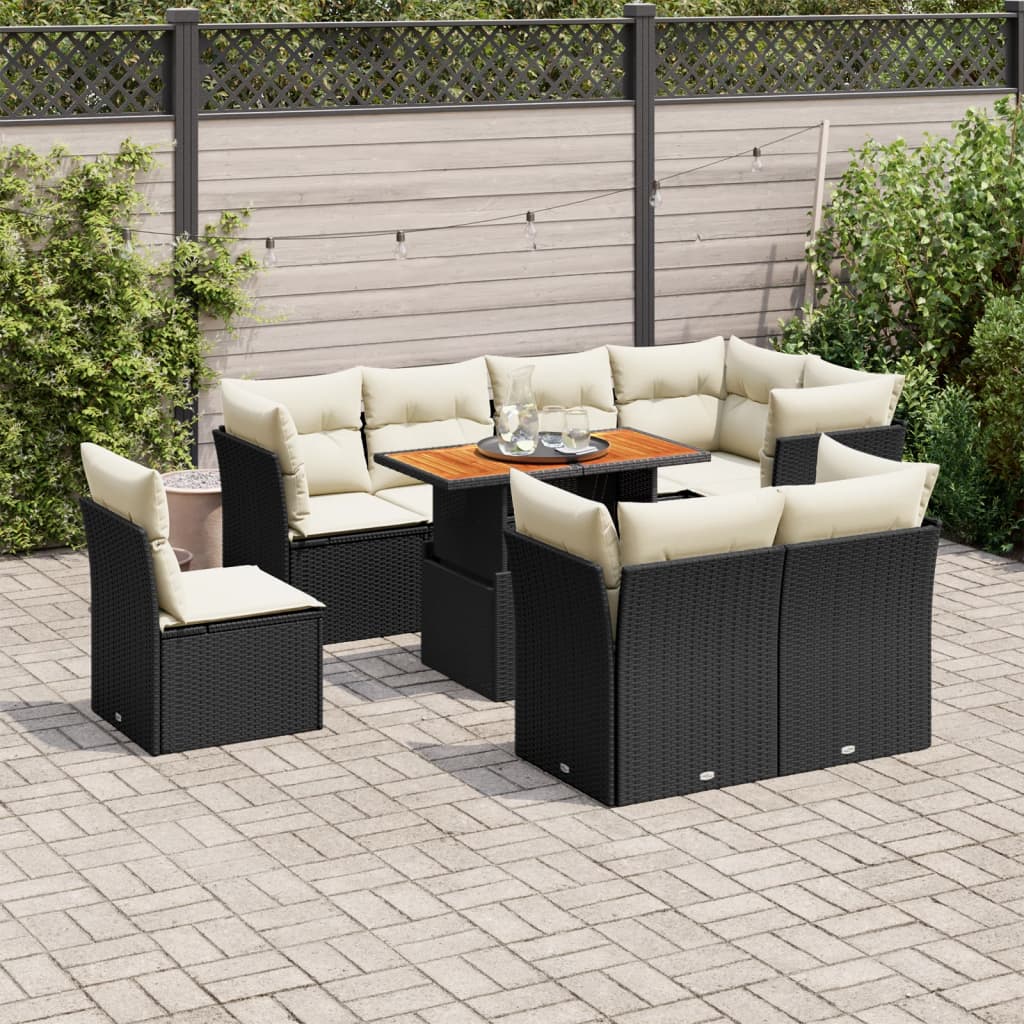 Set Divani da Giardino 9 pz con Cuscini Nero in Polyrattan