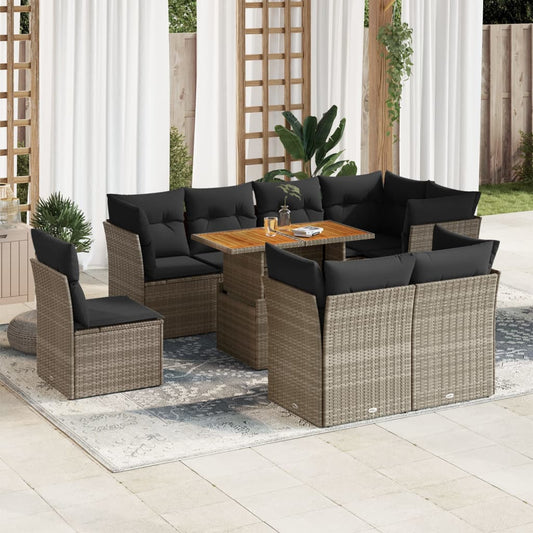 Set Divano da Giardino 9 pz con Cuscini Grigio in Polyrattan