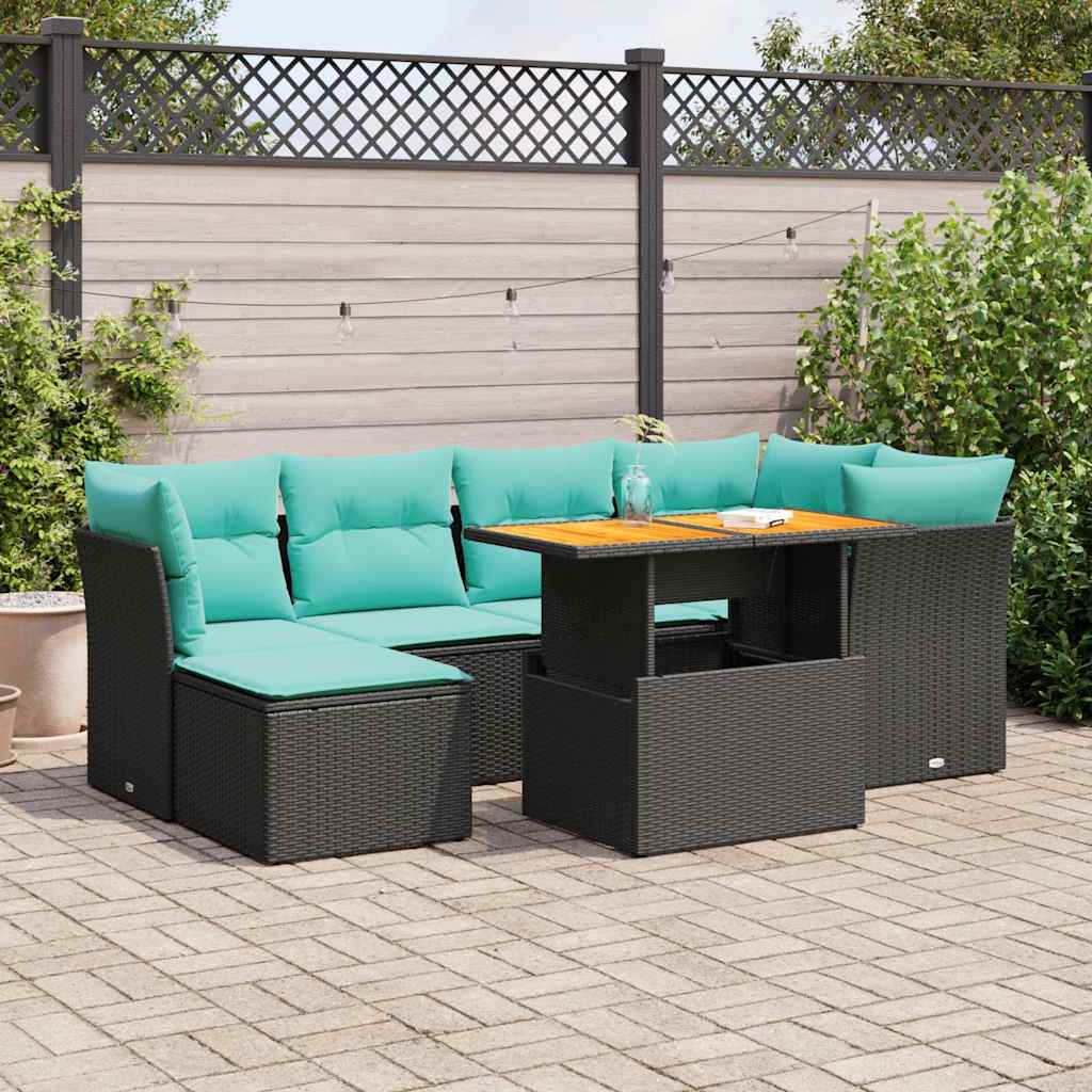 Set Divani da Giardino con Cuscini 7pz Nero Polyrattan