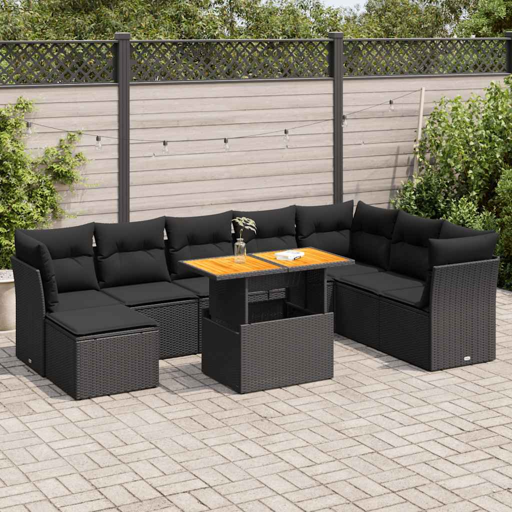 Set Divani da Giardino 9 pz con Cuscini Nero in Polyrattan | homemem39