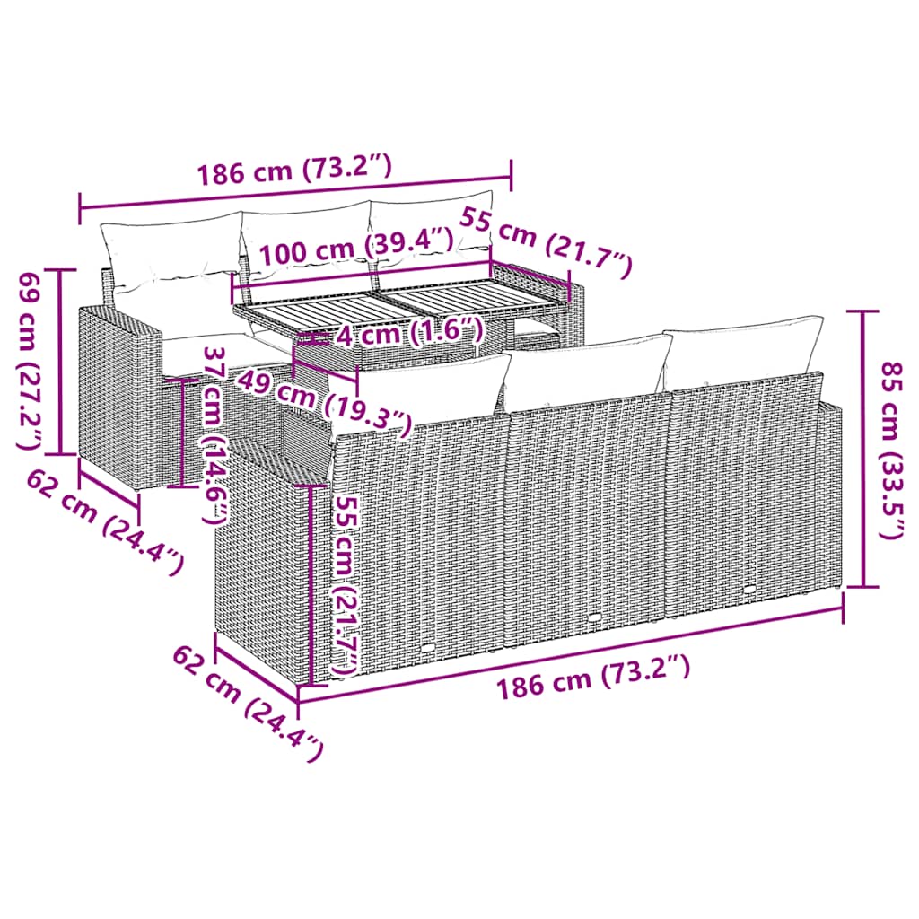 Set Divani da Giardino 7 pz con Cuscini Grigio in Polyrattan | homemem39