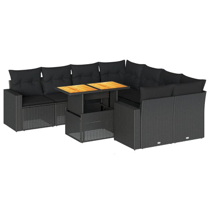 Set Divani da Giardino 9 pz con Cuscini Nero in Polyrattan