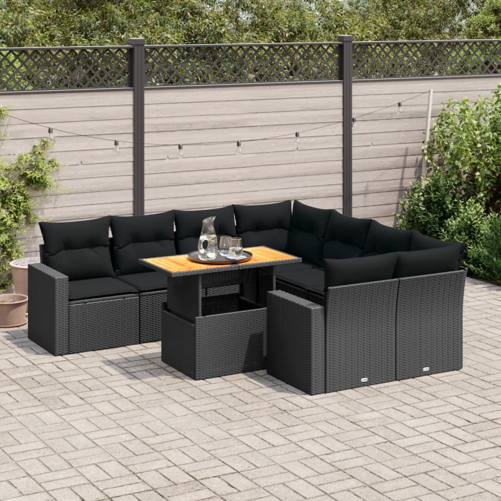 Set Divani da Giardino 9 pz con Cuscini Nero in Polyrattan