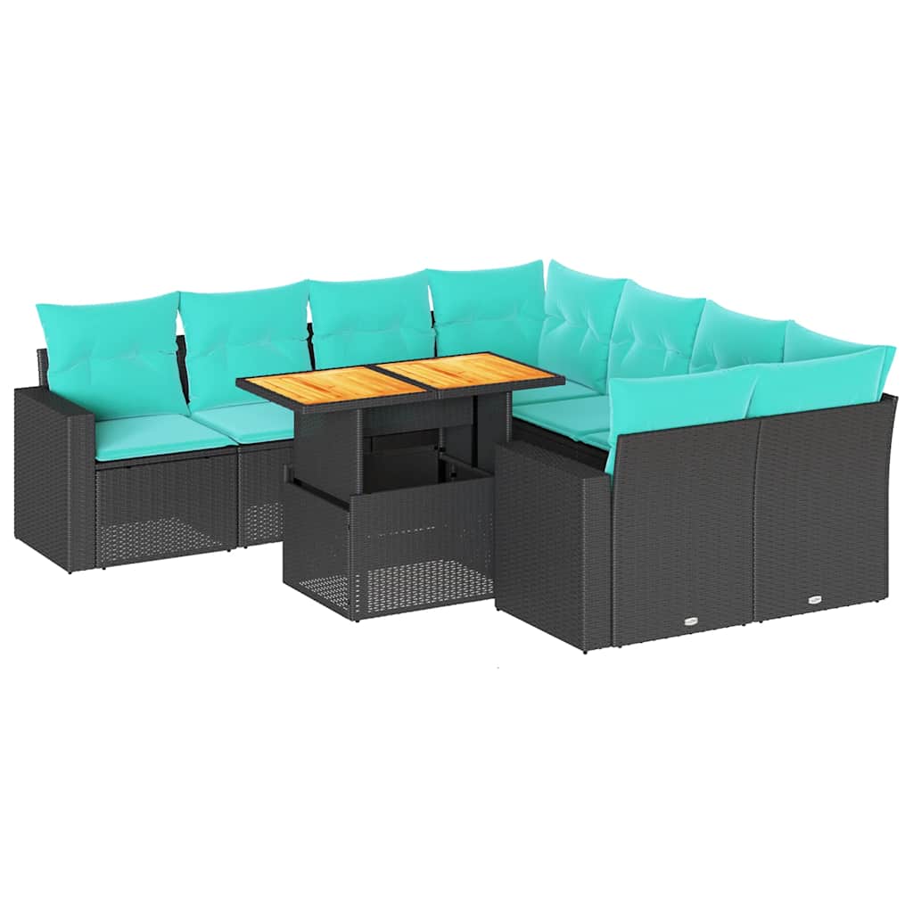Set Divani da Giardino 9 pz con Cuscini Nero in Polyrattan | homemem39