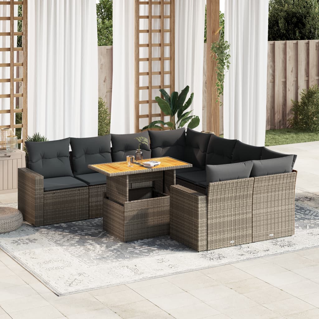 Set Divano da Giardino 9 pz con Cuscini Grigio in Polyrattan