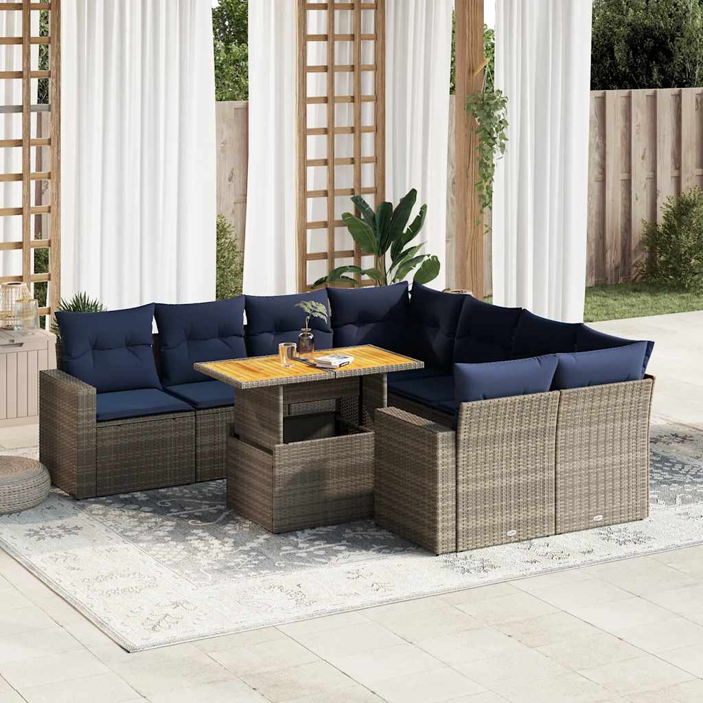 Set Divano da Giardino 9 pz con Cuscini Grigio in Polyrattan