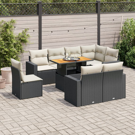 Set Divani da Giardino 9 pz con Cuscini Nero in Polyrattan