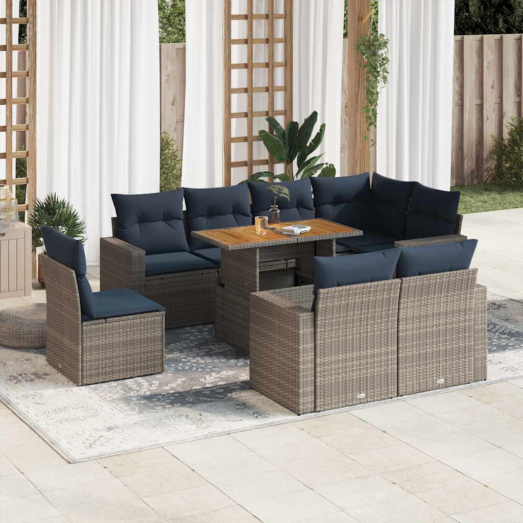 Set Divano da Giardino 9 pz con Cuscini Grigio in Polyrattan | homemem39