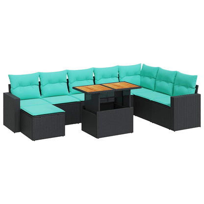 Set Divani da Giardino 9 pz con Cuscini Nero in Polyrattan