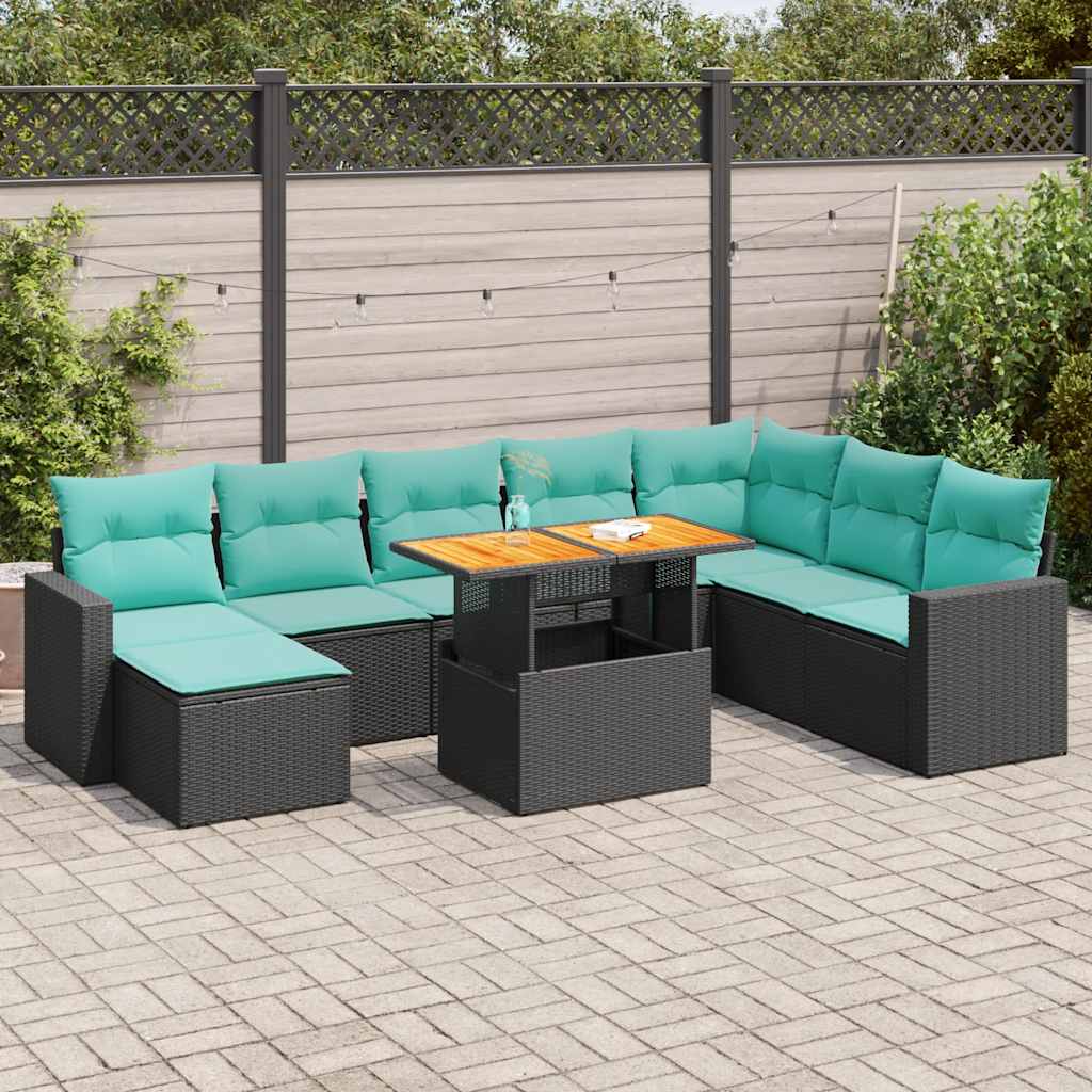Set Divani da Giardino 9 pz con Cuscini Nero in Polyrattan