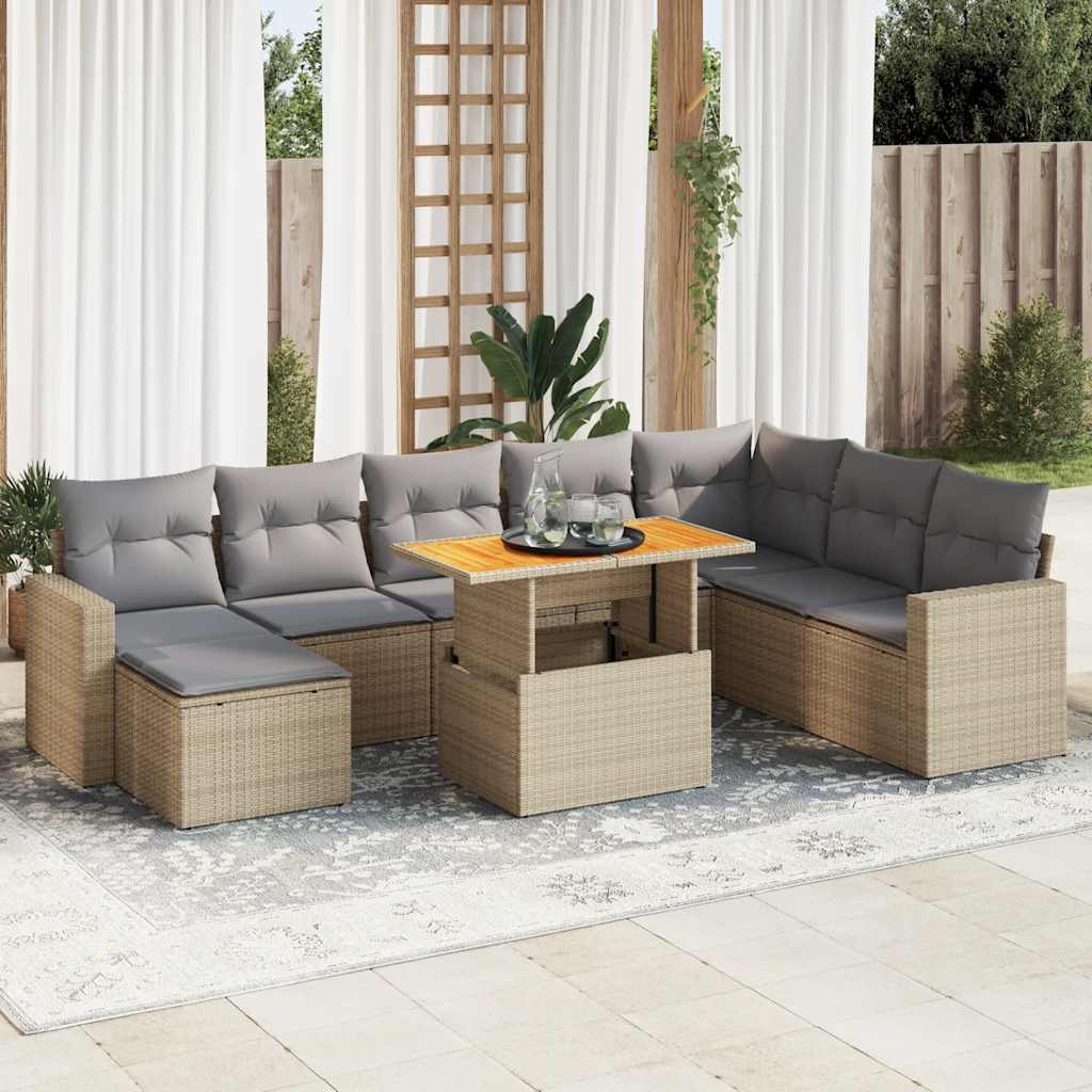 Set Divano da Giardino 9 pz con Cuscini Beige in Polyrattan | homemem39