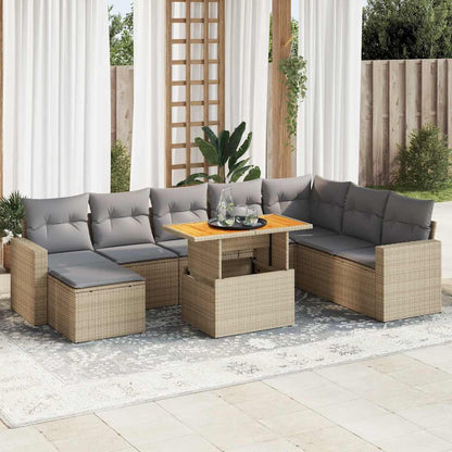 Set Divano da Giardino 9 pz con Cuscini Beige in Polyrattan