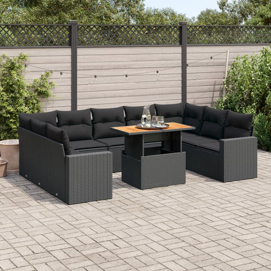 Set Divani da Giardino 10pz con Cuscini in Polyrattan Nero