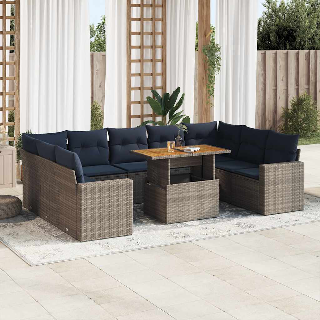 Set Divano da Giardino 10 pz con Cuscini Grigio in Polyrattan