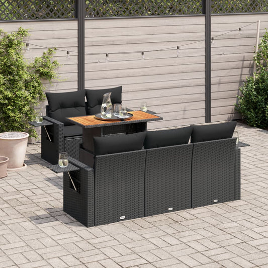 Set Divano da Giardino 6 pz con Cuscini Nero in Polyrattan