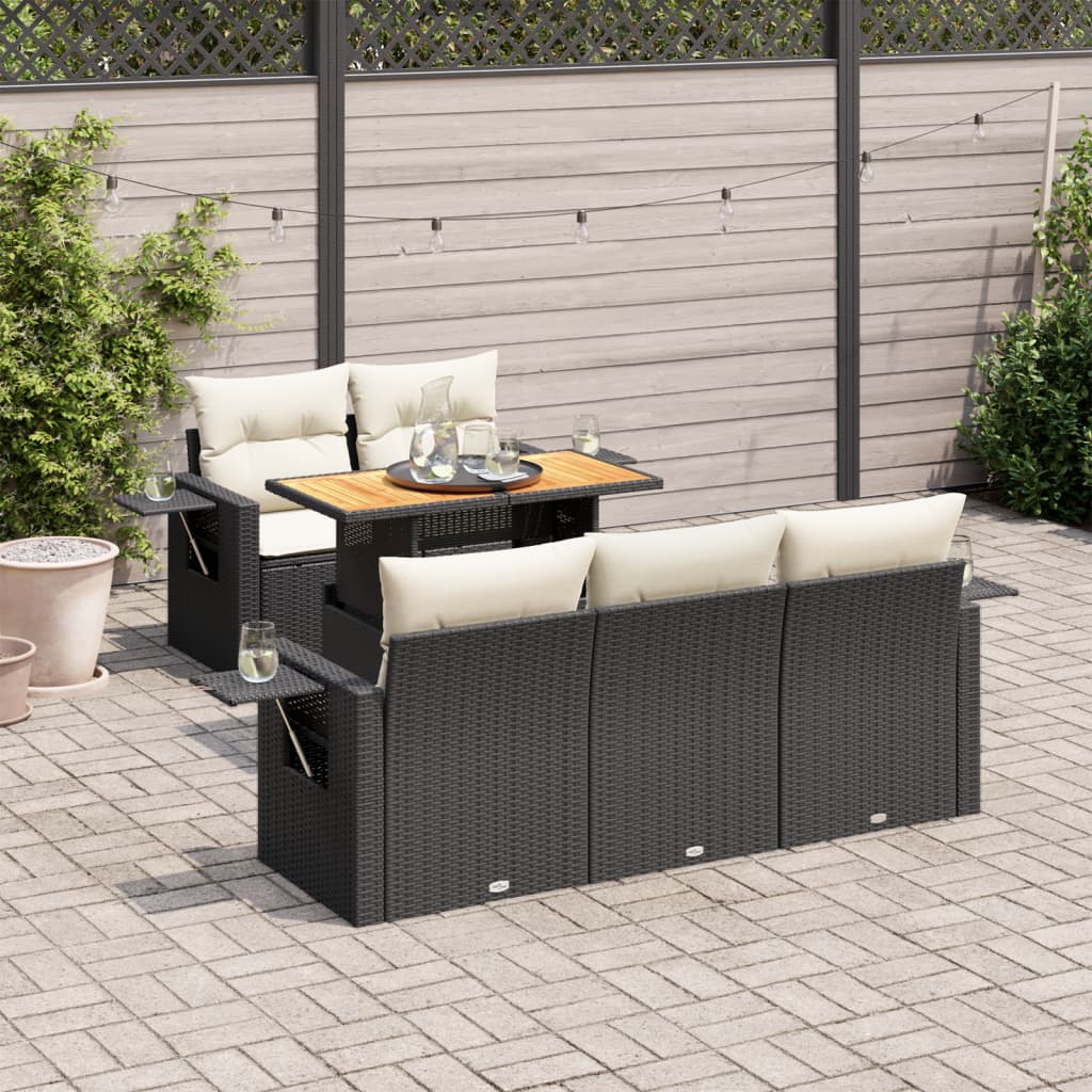 Set Divano da Giardino 6 pz con Cuscini Nero in Polyrattan