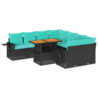 Set Divani da Giardino 9 pz con Cuscini Nero in Polyrattan