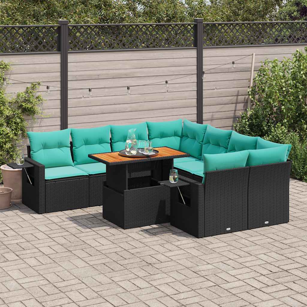 Set Divani da Giardino 9 pz con Cuscini Nero in Polyrattan